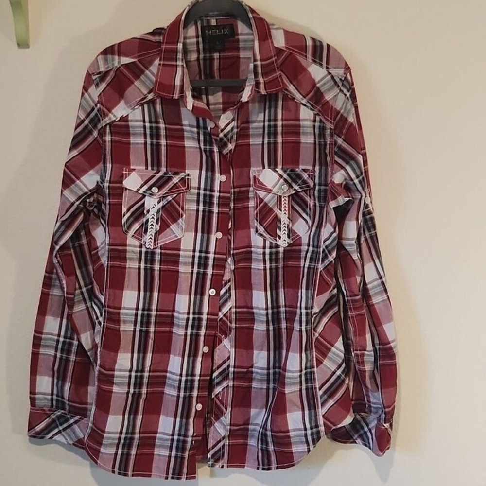 Helix Embroidered Red Plaid Western Shirt Long Sleeve Pearl Snap Pockets Lrg